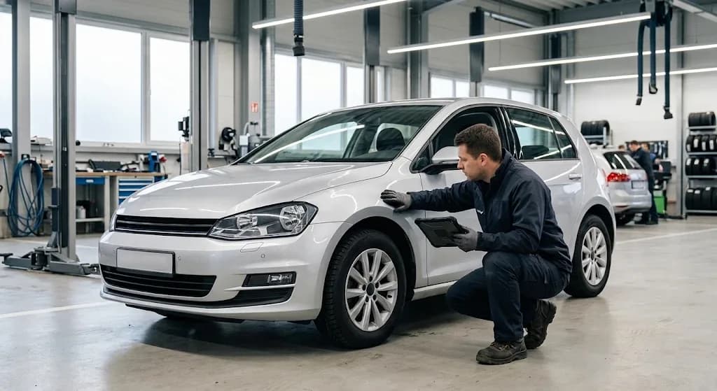 Ein Prüfer begutachtet in einer Werkstatt die Seite eines silbernen Autos, ein Tablet in der Hand.
