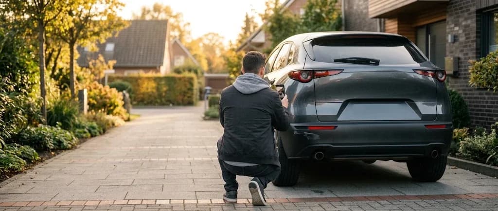 Eine Person hockt hinter einem SUV in der Einfahrt und fotografiert die Heckstoßstange mit dem Smartphone.