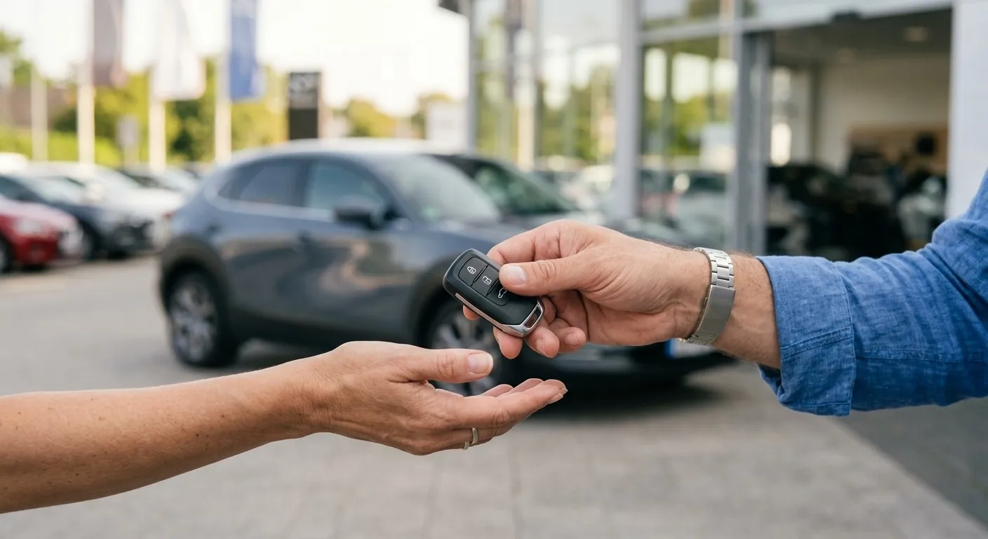 Ein Autoschlüssel wird vor einem Autohaus von einer Hand an eine andere übergeben.